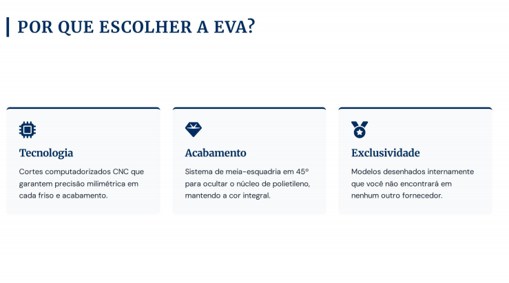 Quadro com os pilares Tecnologia, Acabamento e Exclusividade da EVA